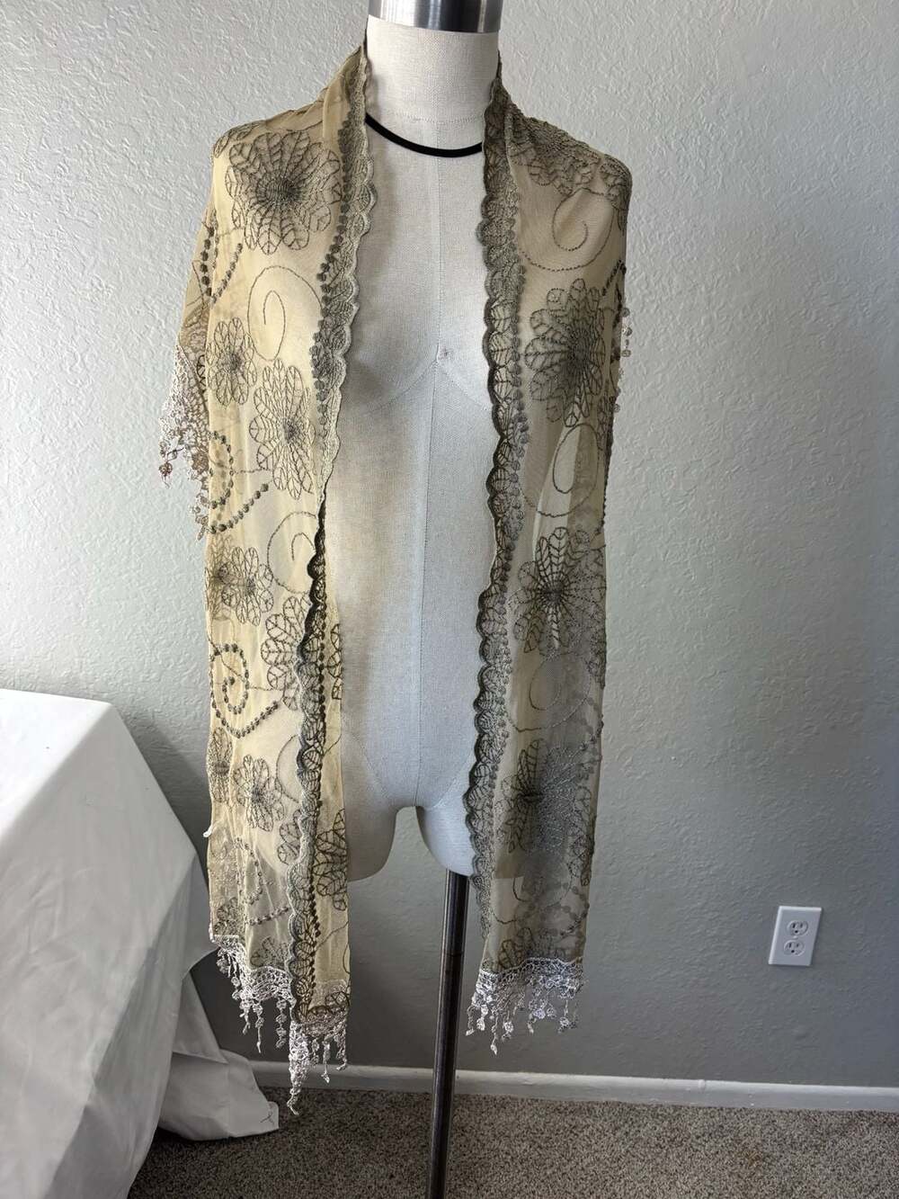 Bundle Vintage Sheer Gold and Bronze beige Embroidered Floral Sequin Shawl Stole